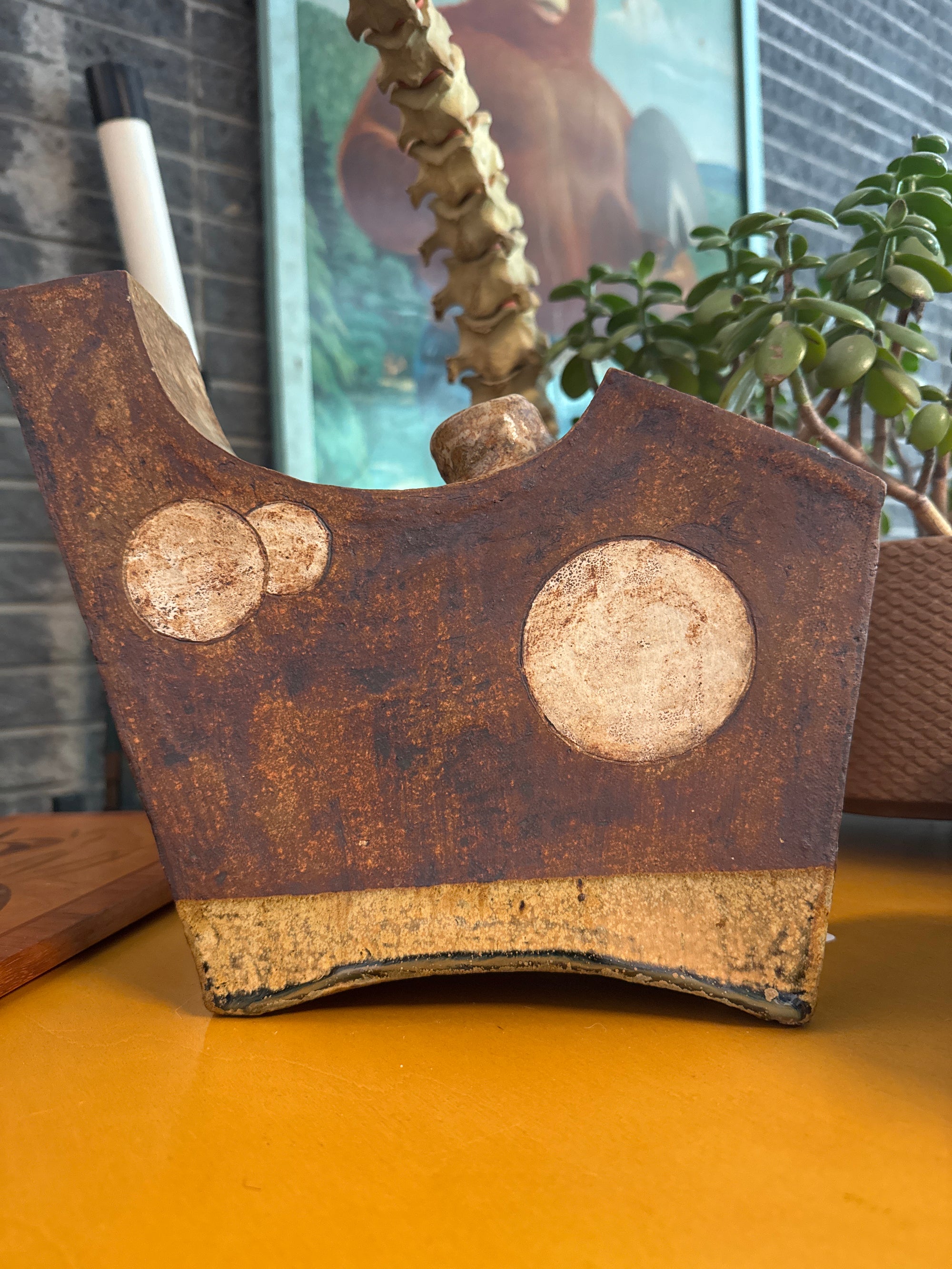 Abstract Stoneware Modernist Pottery Vase, Asymmetrical, Port Hole, Circle Design on Sides
