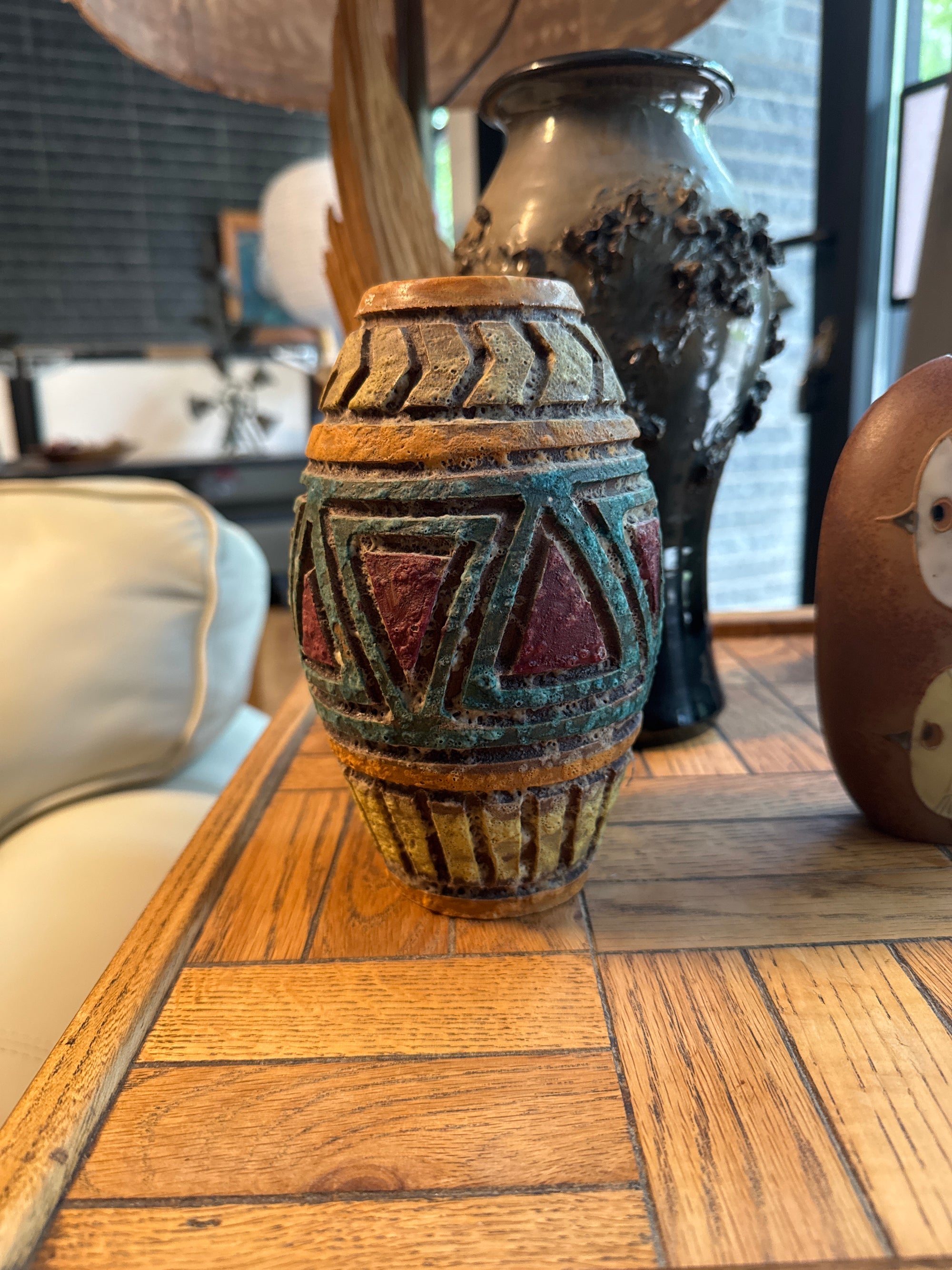 Mid Century Modern Multicolor Florentine Made In Italy Sgraffito? Boris’s? Pottery Vase, Triangle Banding