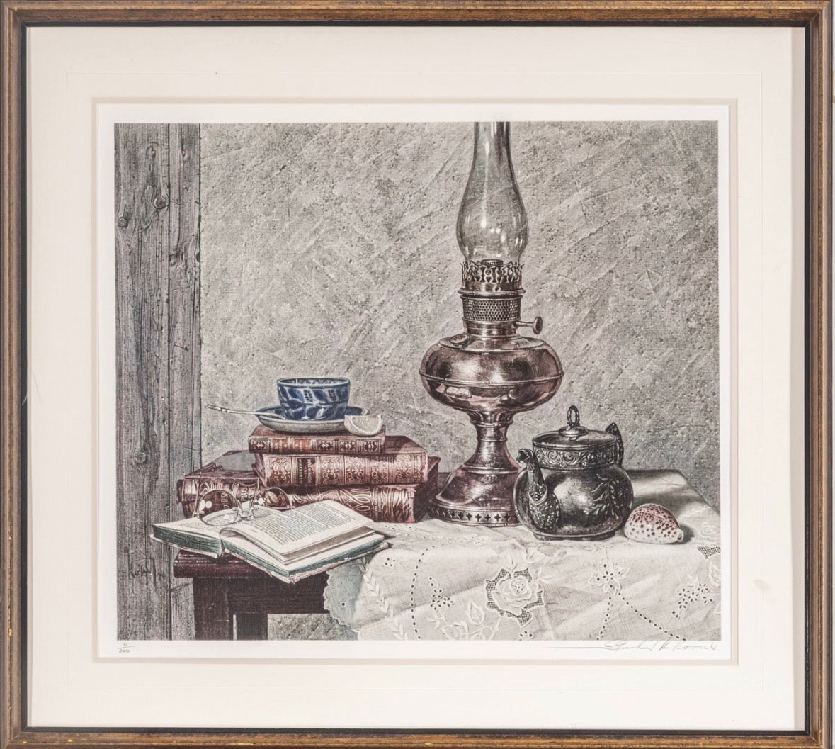 Gunter H. Korus (German, 1925-2021) Lithograph on Paper #31/300 'Stil Life Books and a Lantern', H 20.75" W 25" Frame Size: H 30.5" W 34.5"
