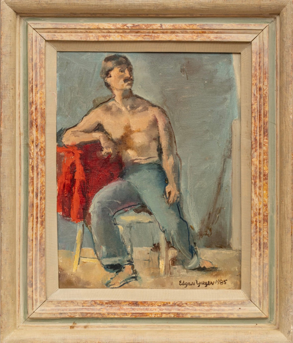 Edgar Louis Yaeger (American, 1904-1997) Oil on Canvas 1985, 'Seated Male Figure', H 17.25" W 13"