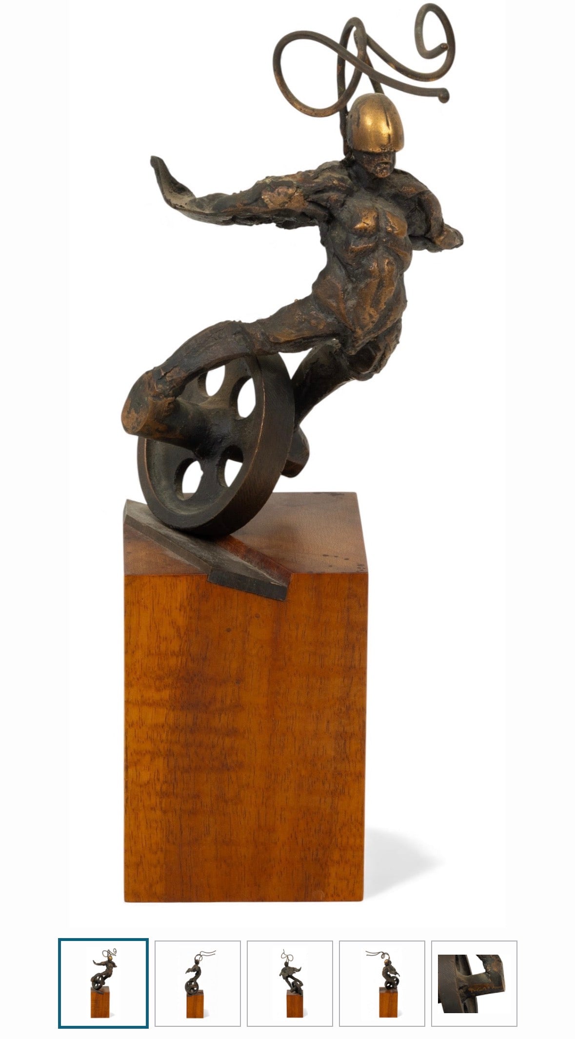 Theodore Gall (American, B. 1941) Bronze Sculpture, Ca. 1980, 'Wheel Man Figure', H 8" W 4.75" L 6"