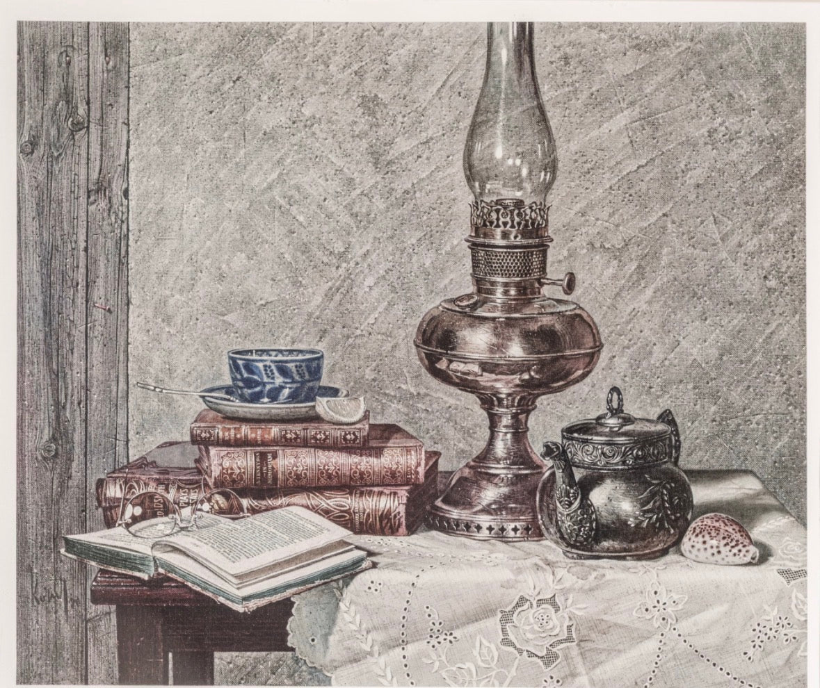 Gunter H. Korus (German, 1925-2021) Lithograph on Paper #31/300 'Stil Life Books and a Lantern', H 20.75" W 25" Frame Size: H 30.5" W 34.5"