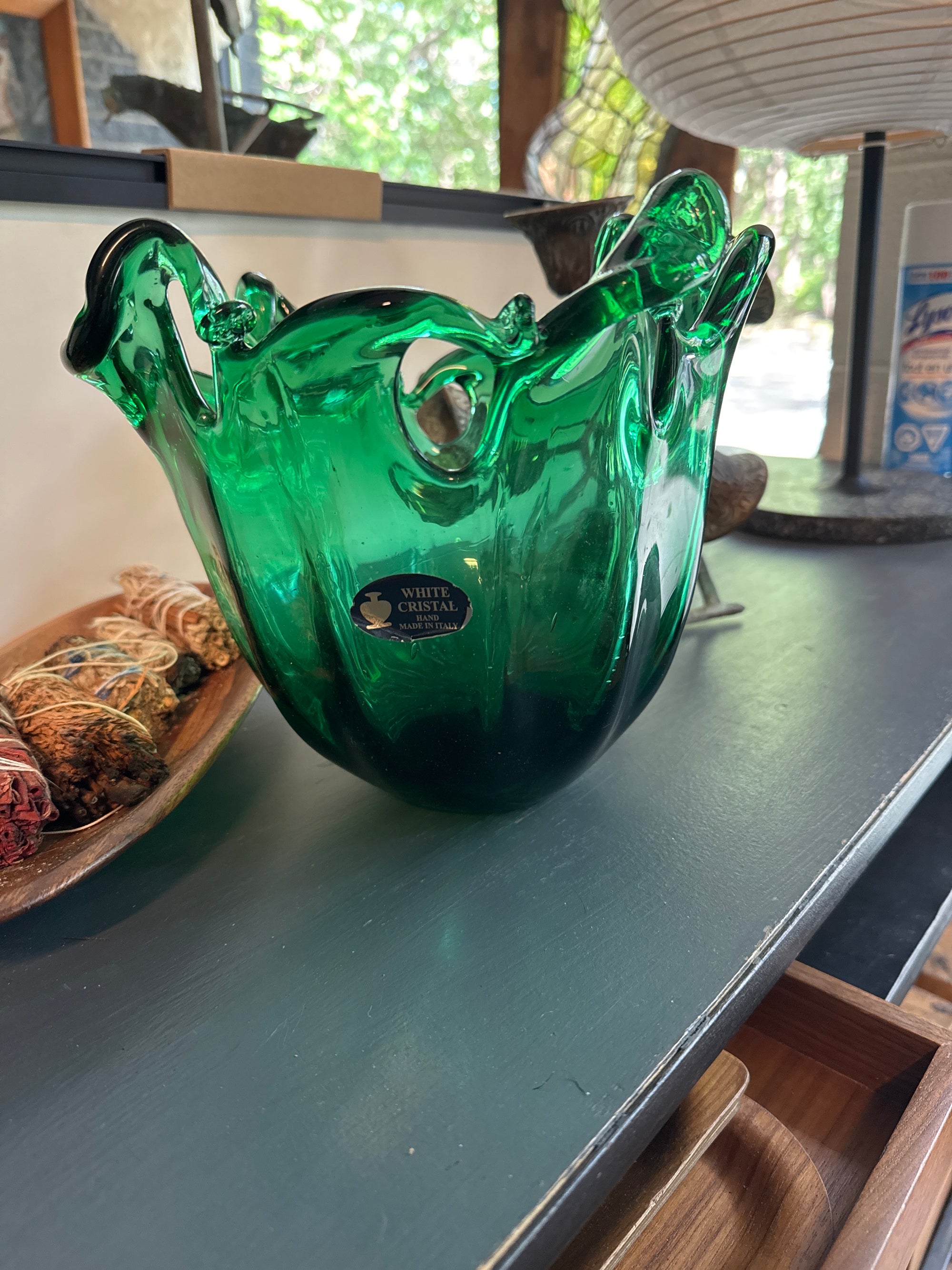 Murano White Cristal Italy Glass Bowl Agua Green