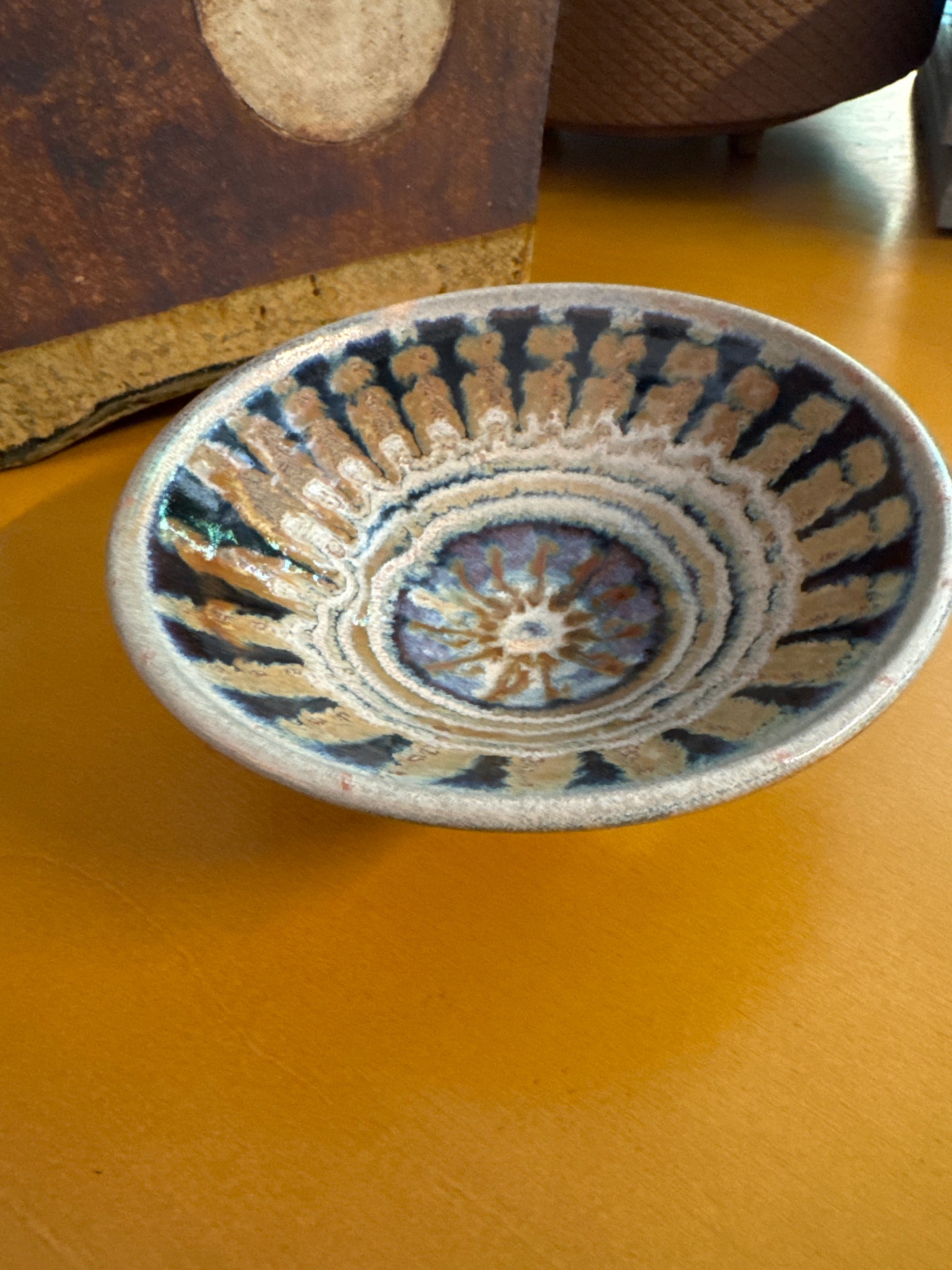 Studio Pottery Glazed Bowl, Navy, Rust and Cream, 6.5"D