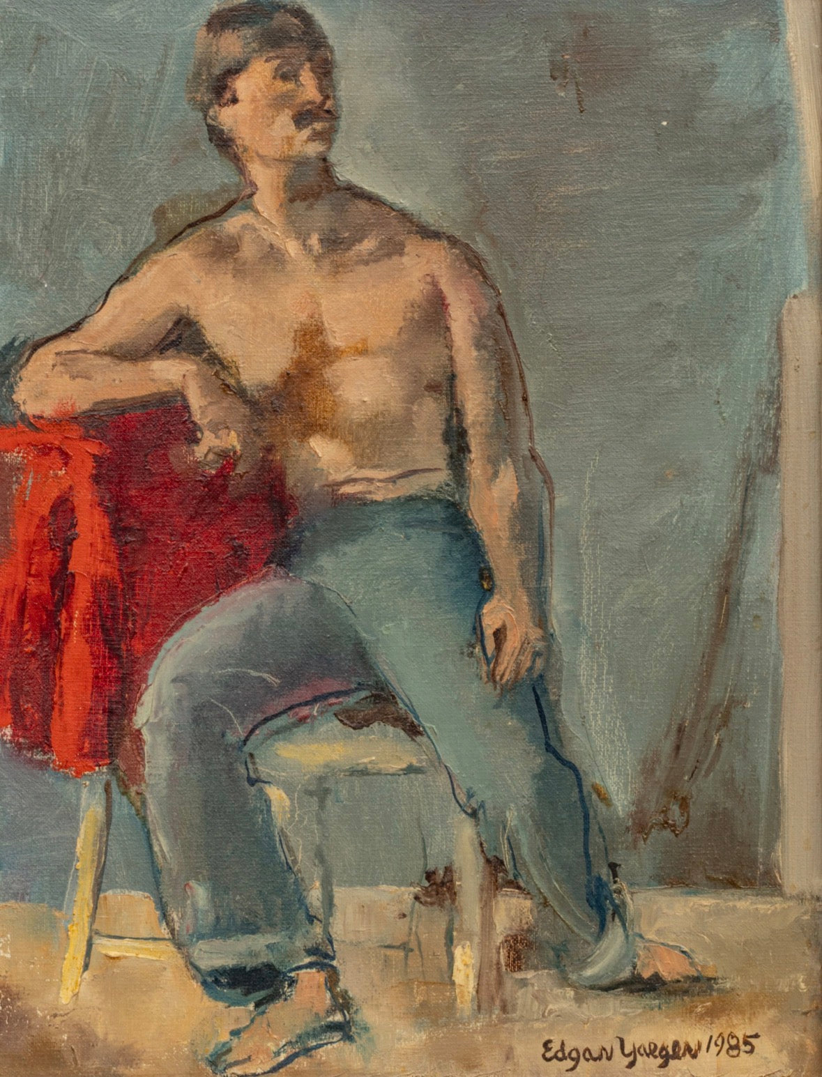 Edgar Louis Yaeger (American, 1904-1997) Oil on Canvas 1985, 'Seated Male Figure', H 17.25" W 13"